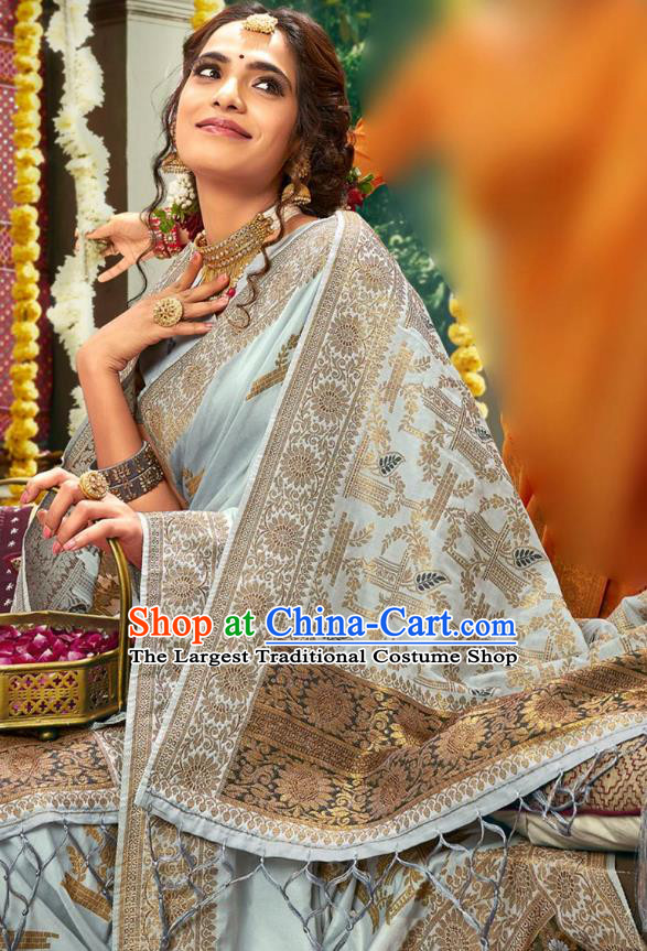 Asian India National Bollywood Gray Silk Saree Costumes Asia Indian Bride Traditional Blouse and Sari Dress for Women