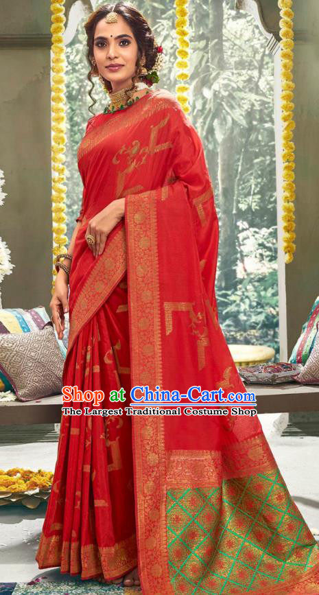 Asian India National Bollywood Red Silk Saree Costumes Asia Indian Bride Traditional Blouse and Sari Dress for Women