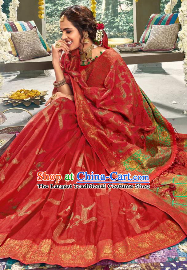 Asian India National Bollywood Red Silk Saree Costumes Asia Indian Bride Traditional Blouse and Sari Dress for Women