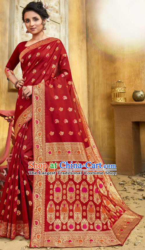 Asian India National Bollywood Dance Red Silk Saree Costumes Asia Indian Princess Traditional Blouse and Sari Dress for Women