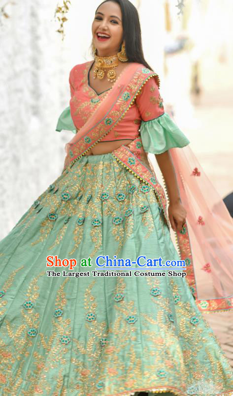 Asian India National Wedding Lehenga Costumes Asia Indian Bride Traditional Pink Silk Blouse and Embroidered Light Green Skirt Sari for Women