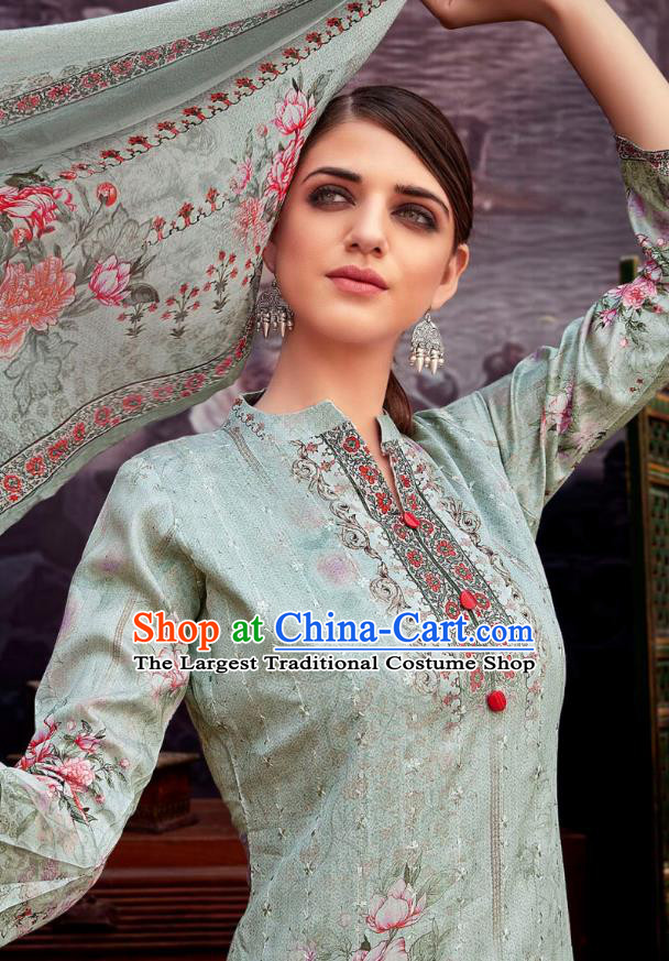 Asian India National Printing Punjab Costumes Asia Indian Traditional Dance Light Blue Cotton Blouse and Loose Pants and Shawl Full Set
