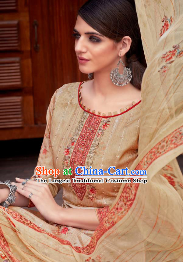 Asian India National Printing Punjab Costumes Asia Indian Traditional Dance Apricot Cotton Blouse and Loose Pants and Shawl Full Set