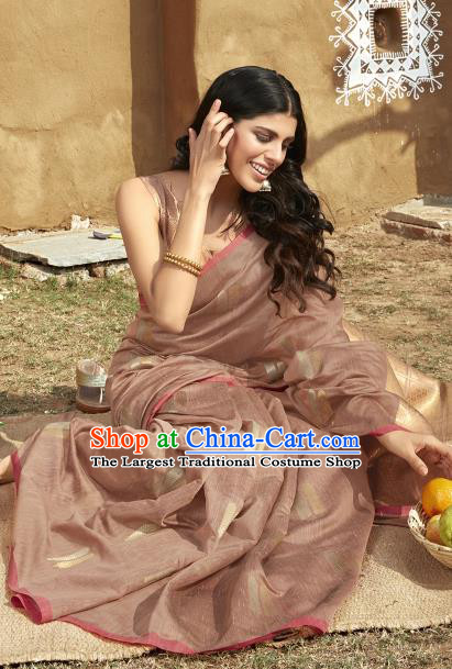 Asian India National Dance Brown Linen Saree Costumes Asia Indian Princess Traditional Bollywood Blouse and Sari Dress for Women