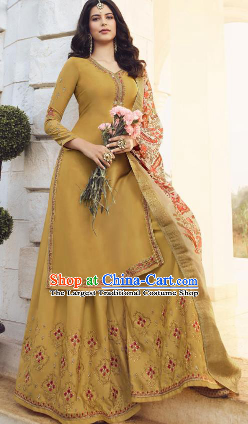Asian India Court Punjab Costumes Asia Indian Traditional National Dance Embroidered Mustard Satin Blouse and Skirt and Shawl Full Set