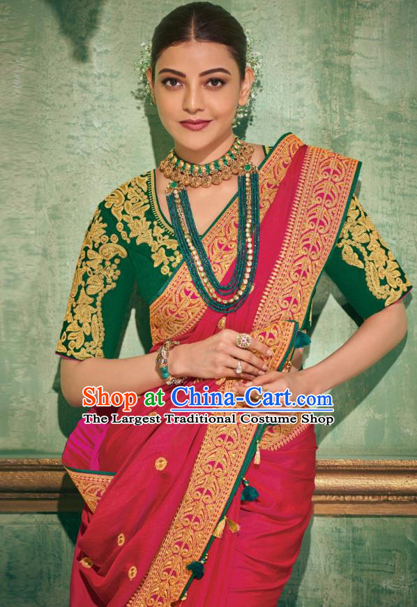 Asian India National Dance Magenta Silk Saree Asia Indian Traditional Costumes Court Princess Bollywood Blouse and Sari Dress for Women