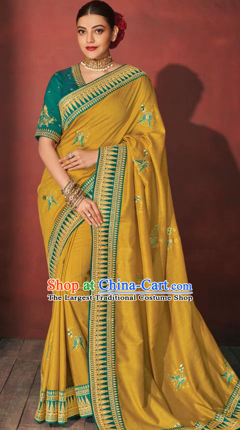 Asian India National Dance Yellow Silk Saree Asia Indian Traditional Costumes Court Princess Bollywood Blouse and Sari Dress for Women
