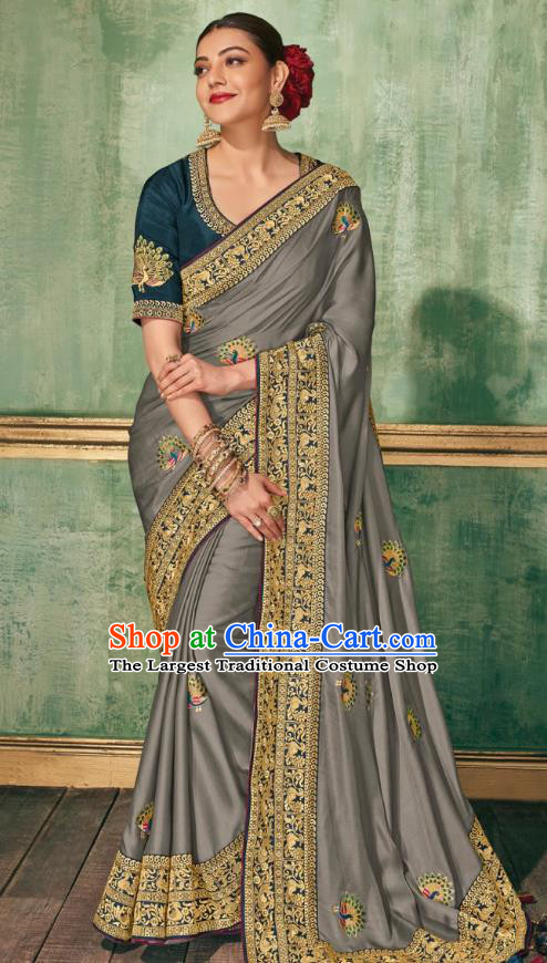 Asian India National Dance Gray Silk Saree Asia Indian Traditional Costumes Court Princess Bollywood Blouse and Sari Dress for Women