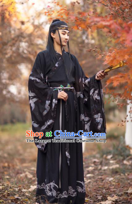 Traditional Chinese Jin Dynasty Scholar Historical Costumes Ancient Noble Childe Swordsman Black Hanfu Apparel for Men