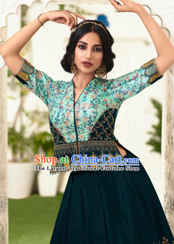 Asian India Wedding Teal Silk Lehenga Costumes Asia Indian Traditional Festival Bride Embroidered Blouse and Skirt and Sari Complete Set