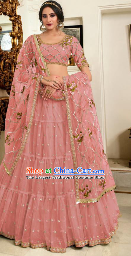 Asian India Wedding Pink Silk Lehenga Costumes Asia Indian Traditional Festival Bride Embroidered Blouse and Skirt and Sari Complete Set
