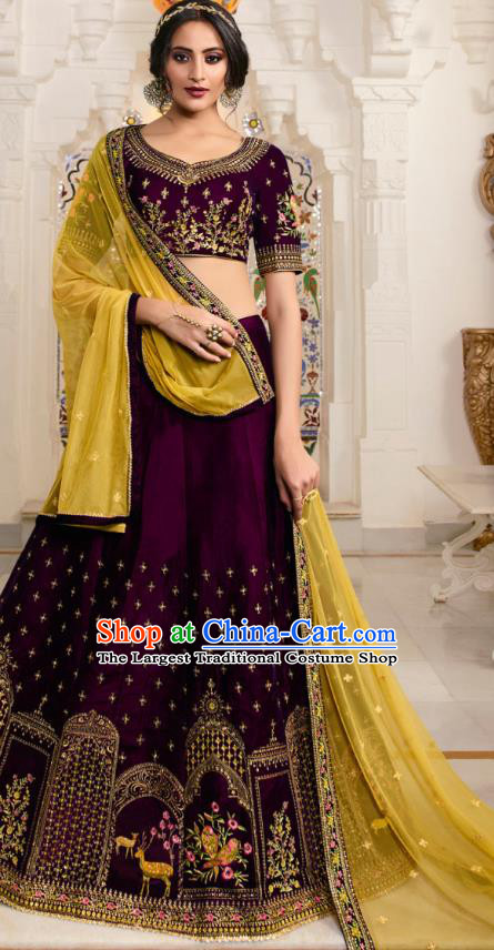 Asian India Wedding Deep Purple Silk Lehenga Costumes Asia Indian Traditional Festival Bride Embroidered Blouse and Skirt and Sari Complete Set