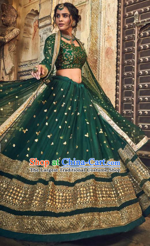 Top Asian India Wedding Lehenga Costumes Asia Indian Traditional Bride Embroidered Deep Green Blouse and Skirt and Sari Full Set