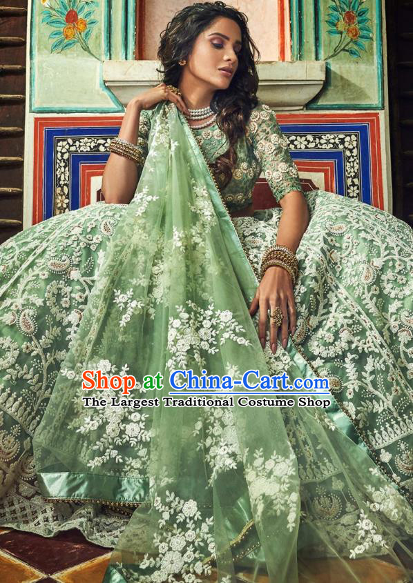 Top Asian India Wedding Lehenga Costumes Asia Indian Traditional Bride Embroidered Green Blouse and Skirt and Sari Full Set