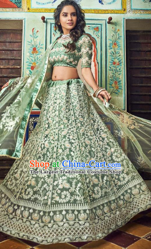 Top Asian India Wedding Lehenga Costumes Asia Indian Traditional Bride Embroidered Green Blouse and Skirt and Sari Full Set