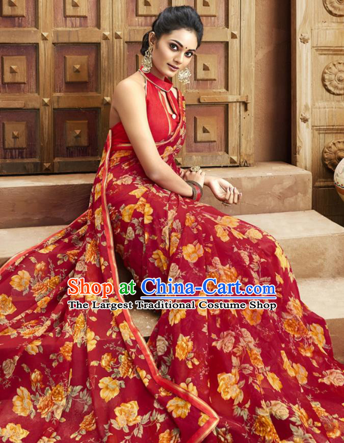 Asian India National Printing Red Georgette Saree Asia Indian Festival Dance Costumes Traditional Female Blouse and Sari Dress Full Set