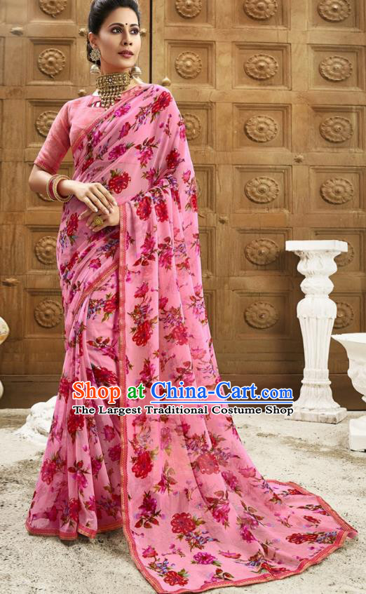 Asian India National Printing Pink Georgette Saree Asia Indian Festival Dance Costumes Traditional Female Blouse and Sari Dress Full Set