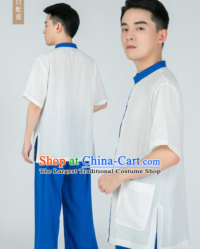Asian Chinese Traditional Tai Chi White Flax Shirt and Blue Pants Martial Arts Costumes China Kung Fu Outfits for Men