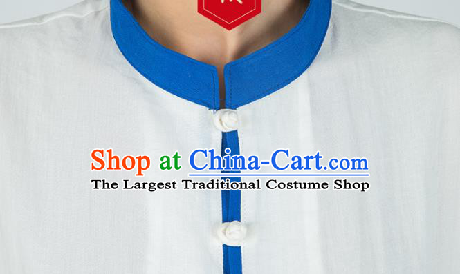 Asian Chinese Traditional Tai Chi White Flax Shirt and Blue Pants Martial Arts Costumes China Kung Fu Outfits for Men
