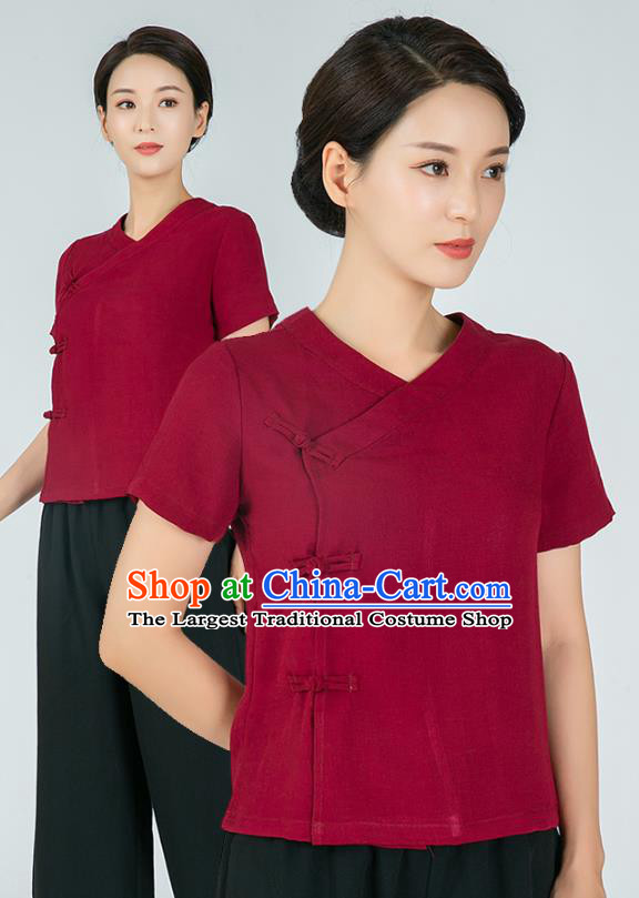 Professional Chinese Kung Fu Training Wine Red Flax Blouse Martial Arts Shaolin Gongfu Costumes Tang Suit Tai Ji Upper Outer Garment for Women