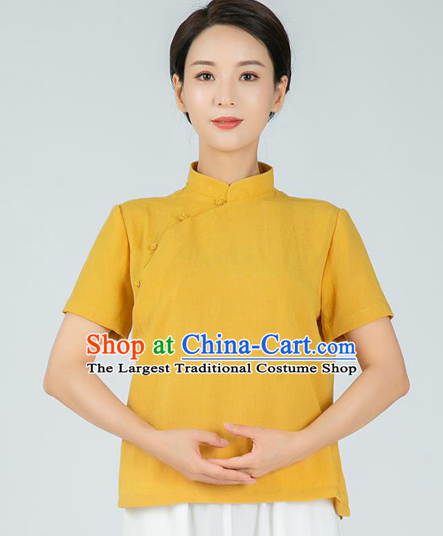Professional Chinese Tang Suit Yellow Flax Blouse Martial Arts Shaolin Gongfu Costumes Kung Fu Training Garment Tai Ji Upper Outer for Women