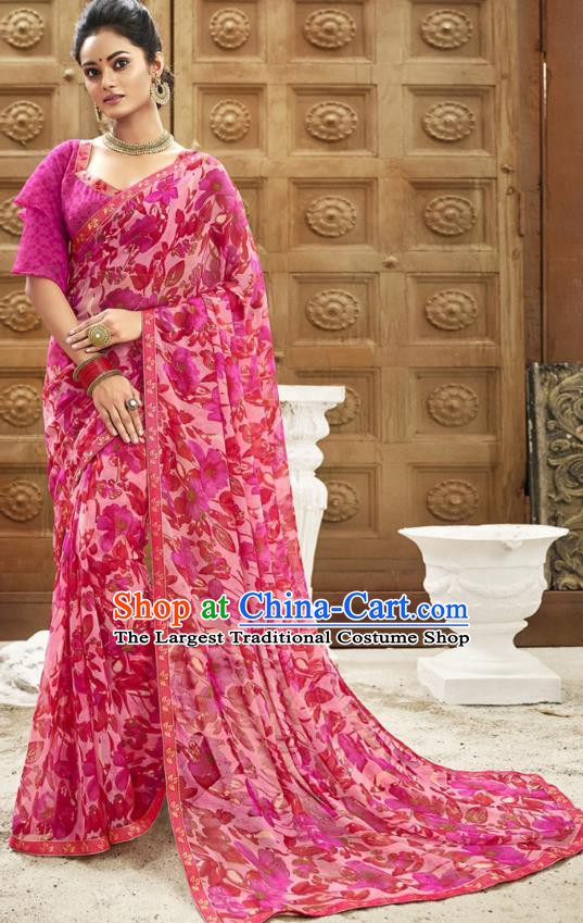 Asian India National Printing Rosy Georgette Saree Asia Indian Festival Dance Costumes Traditional Female Blouse and Sari Dress Full Set