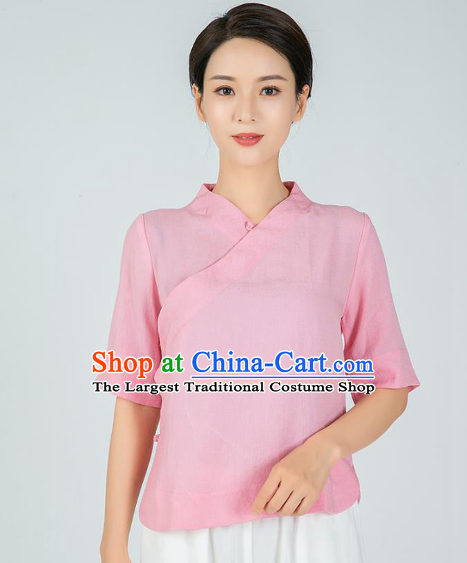 Professional Chinese Tai Chi Pink Flax Short Sleeve Blouse Martial Arts Shaolin Gongfu Costumes Kung Fu Training Garment Tang Suit Upper Outer for Women