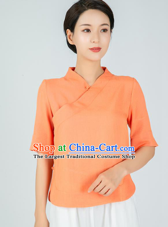 Professional Chinese Tai Chi Orange Flax Short Sleeve Blouse Martial Arts Shaolin Gongfu Costumes Kung Fu Training Garment Tang Suit Upper Outer for Women
