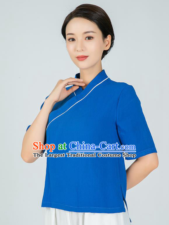 Professional Chinese Tai Chi Royalblue Flax Blouse and Pants Outfits Martial Arts Shaolin Gongfu Costumes Kung Fu Training Garment for Women