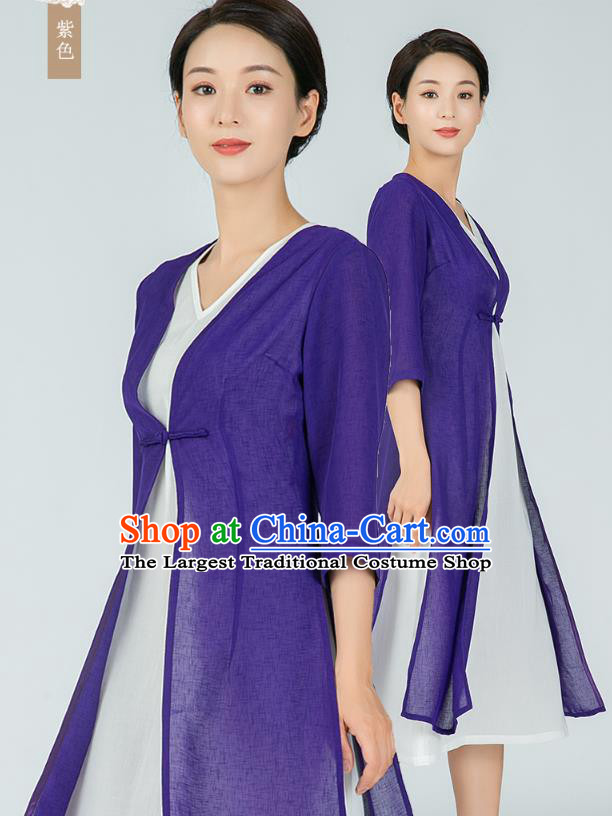 Asian Chinese Traditional Tang Suit Purple Flax Cloak Dress Martial Arts Costumes China Kung Fu Clothing for Women