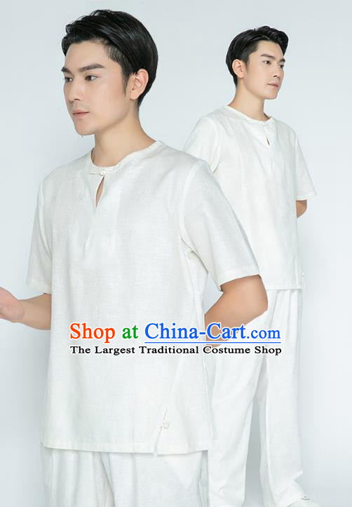 Top Grade Chinese Martial Arts Training Jacquard White Flax Uniforms Kung Fu Costume Shaolin Gongfu Tai Ji Shirt and Pants for Men