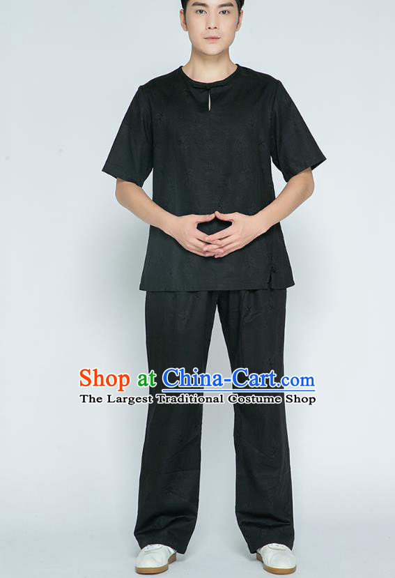Top Grade Chinese Martial Arts Training Jacquard Black Flax Uniforms Kung Fu Costume Shaolin Gongfu Tai Ji Shirt and Pants for Men