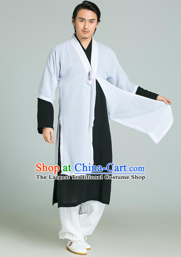 Top Grade Chinese Tai Ji Training Uniforms Kung Fu Martial Arts Costume Shaolin Gongfu White Cloak Black Shirt and Pants for Men