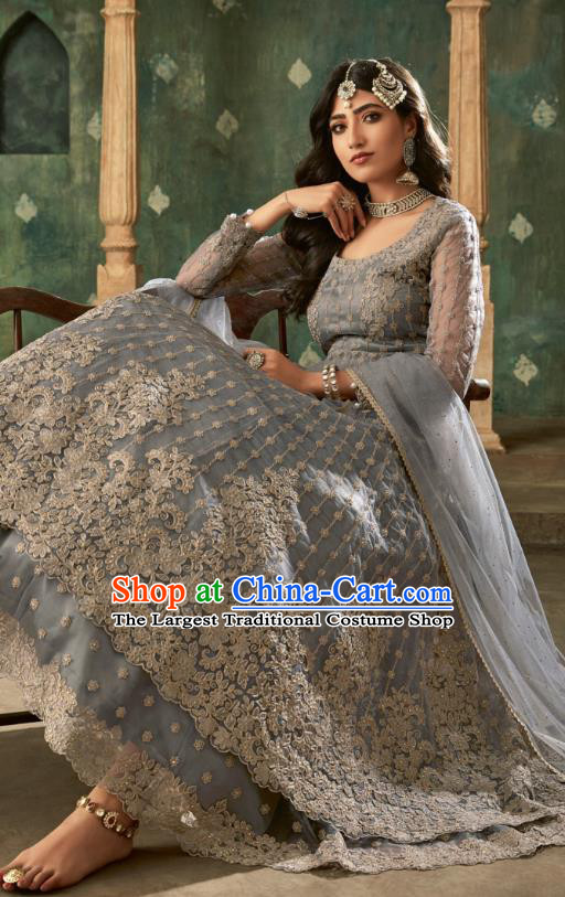 Top Asian India Grey Lehenga Costumes Asia Indian Traditional Bride Embroidered Blouse and Skirt and Sari Full Set