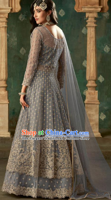 Top Asian India Grey Lehenga Costumes Asia Indian Traditional Bride Embroidered Blouse and Skirt and Sari Full Set