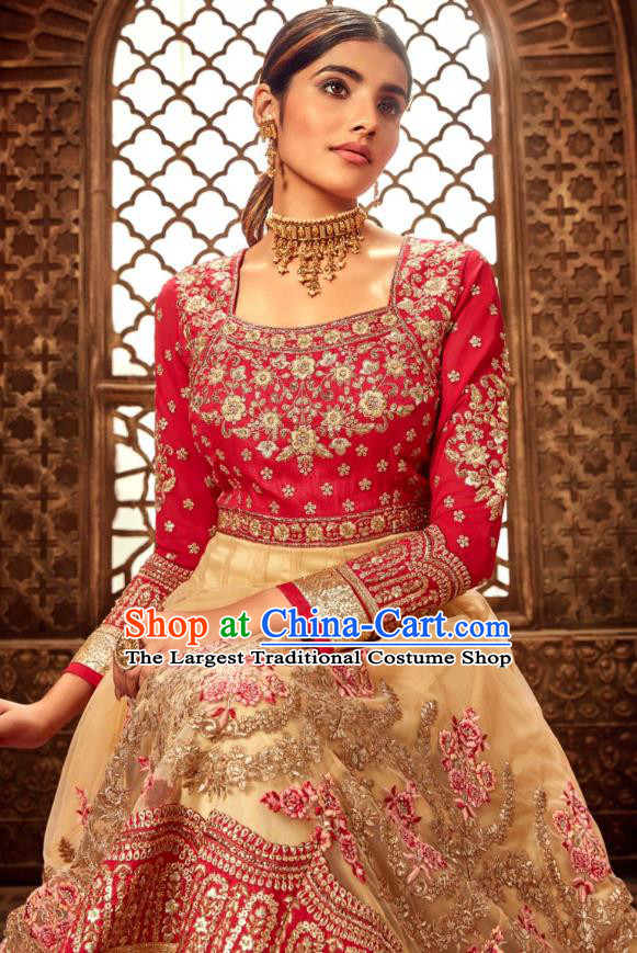 Asian India National Embroidered Beige Anarkali Dress Asia Indian Festival Dance Costumes Traditional Female Clothing and Sari Full Set