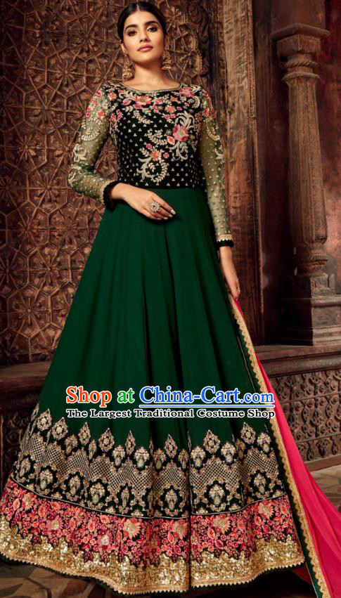Asian India National Embroidered Deep Green Anarkali Dress Asia Indian Festival Dance Costumes Traditional Female Clothing and Sari Full Set