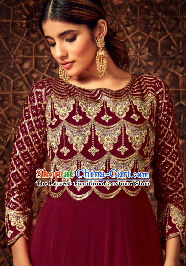 Asian India National Embroidered Maroon Anarkali Dress Asia Indian Festival Dance Costumes Traditional Female Clothing and Sari Full Set