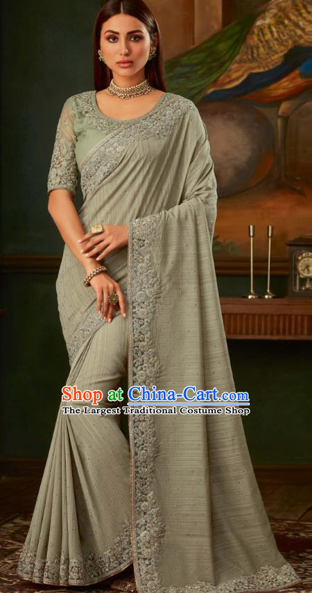 Asian India Bollywood Embroidered Gray Crepe Saree Asia Indian National Festival Dance Costumes Traditional Court Woman Blouse and Sari Dress Full Set