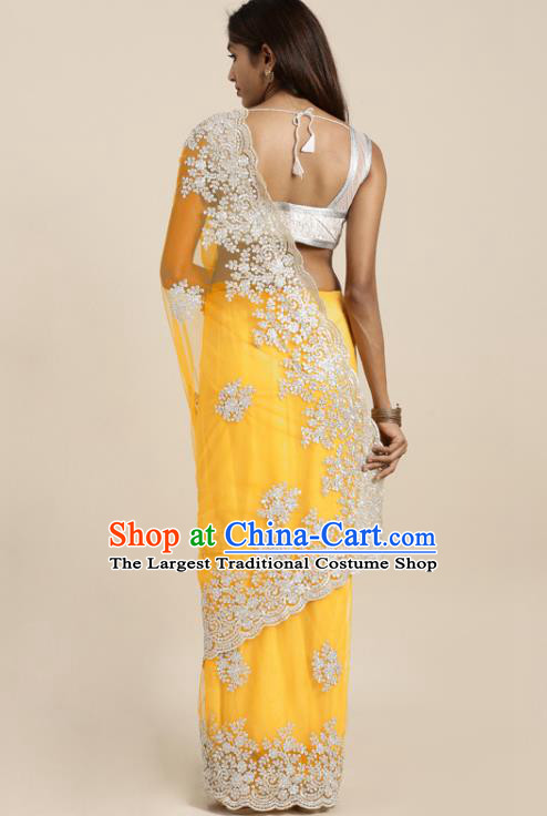 Asian India National Embroidered Yellow Saree Dress Asia Indian Festival Dance Costumes Traditional Female Clothing Blouse and Sari Full Set