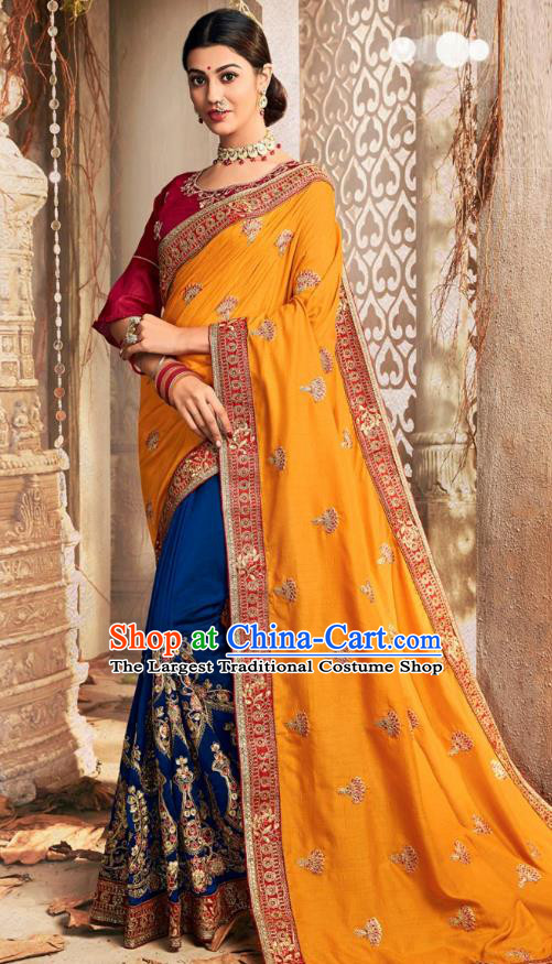 Asian India National Embroidered Orange Chanderi Silk Saree Dress Asia Indian Festival Dance Blouse and Sari Costumes Traditional Court Female Clothing