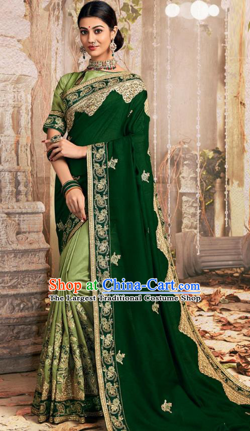 Asian India National Embroidered Deep Green Chanderi Silk Saree Dress Asia Indian Festival Dance Blouse and Sari Costumes Traditional Court Female Clothing
