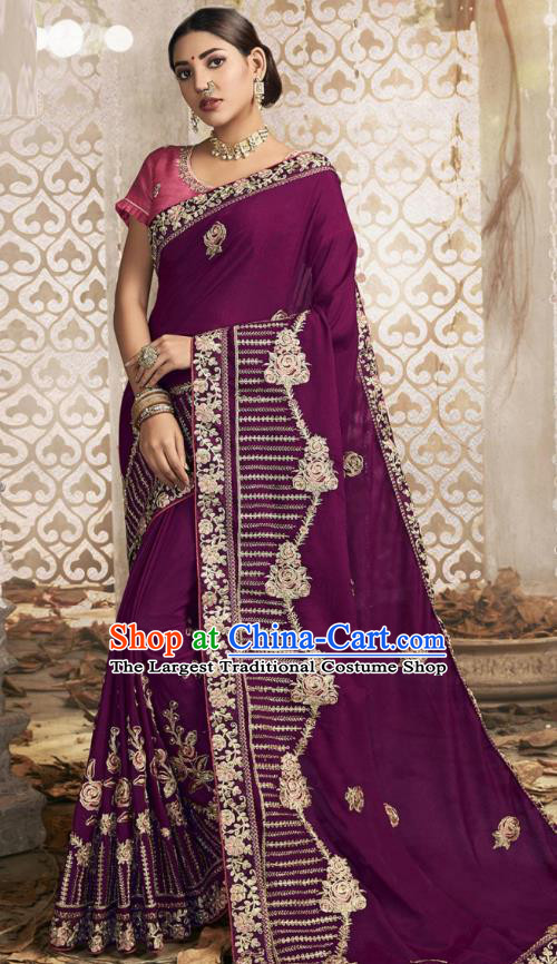 Asian India National Embroidered Purple Chanderi Silk Saree Dress Asia Indian Festival Dance Blouse and Sari Costumes Traditional Court Female Clothing