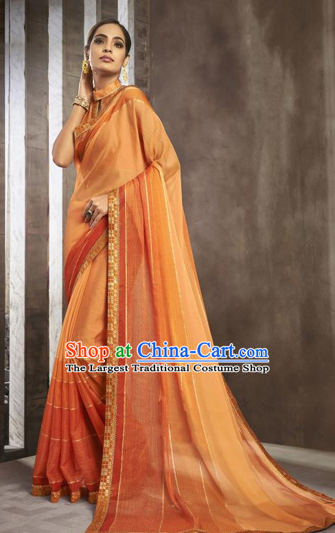 Asian India National Bride Orange Chiffon Saree Dress Asia Indian Festival Blouse and Sari Traditional Bollywood Dance Costumes for Women