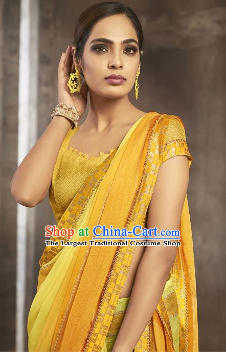 Asian India National Bride Yellow Chiffon Saree Dress Asia Indian Festival Blouse and Sari Traditional Bollywood Dance Costumes for Women