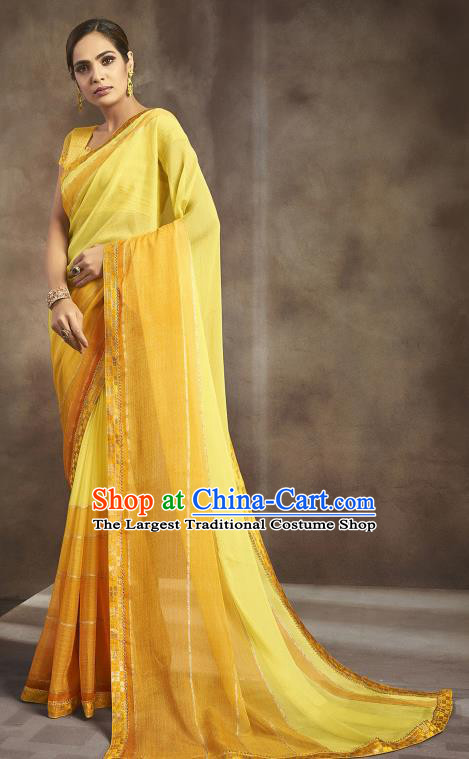 Asian India National Bride Yellow Chiffon Saree Dress Asia Indian Festival Blouse and Sari Traditional Bollywood Dance Costumes for Women