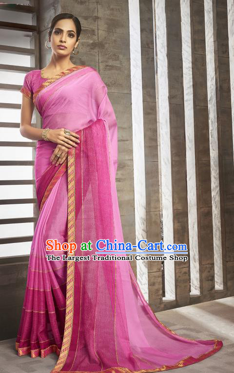 Asian India National Bride Peach Pink Chiffon Saree Dress Asia Indian Festival Blouse and Sari Traditional Bollywood Dance Costumes for Women