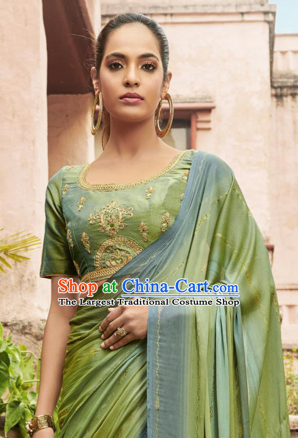 Asian India National Female Green Chiffon Saree Dress Traditional Bollywood Dance Costumes Asia Indian Festival Blouse and Sari for Women