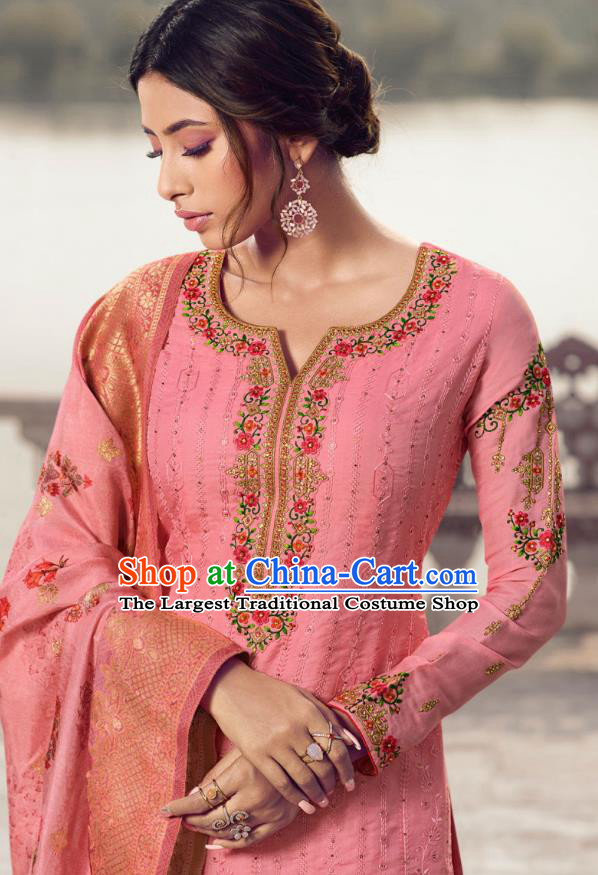 Asian India Traditional Costumes Asia Indian National Festival Punjab Suits Pink Silk Long Blouse Shawl and Loose Pants Complete Set