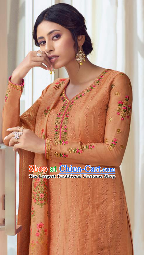 Asian India Traditional Costumes Asia Indian National Festival Punjab Suits Orange Silk Long Blouse Shawl and Loose Pants Complete Set